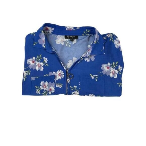 Lily Morgan Shirt Womens 1X Blue Floral Quarter Zip Collared Blouse - Picture 8 of 8